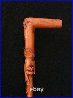 Ancienne Canne Pommeau Main Sculptee Art Populaire Antique Walking Stick