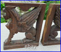 Ancienne Paire Ornement Bois Sculpte Chimere Dragon Gothique Griffin No Etagere