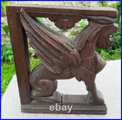 Ancienne Paire Ornement Bois Sculpte Chimere Dragon Gothique Griffin No Etagere