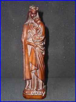 Ancienne Statue De La Vierge À L'enfant Couronnée En Bois Sculpté 17 CM