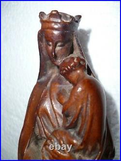 Ancienne Statue De La Vierge À L'enfant Couronnée En Bois Sculpté 17 CM