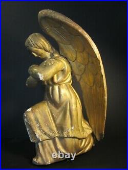 Ancienne Statuette Ange Aile Bois Sculpte Dore/old Wooden Angel/statue Angelot