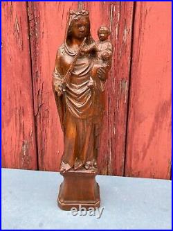 Ancienne Vierge A L'enfant Et A Lepee En Bois Sculpte