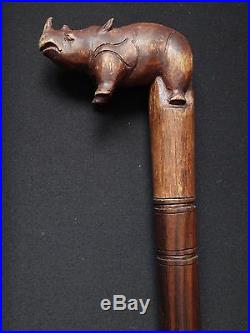 Ancienne canne bois sculpté rhinocéros Wooden carved cane 95cm