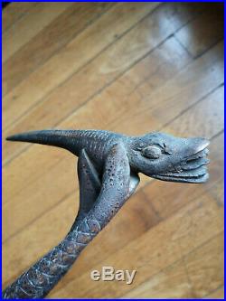 Ancienne canne bois sculpté serpents salamandre art populaire travail poilu WW1