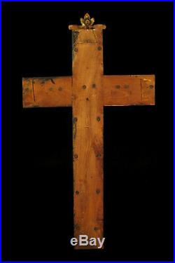 Ancienne croix bois sculpté et verre, reliquaire XVIIIe / Art Populaire ancien