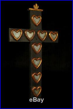 Ancienne croix bois sculpté et verre, reliquaire XVIIIe / Art Populaire ancien