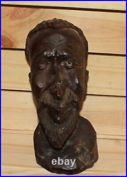 Ancienne figurine tête d'homme africain en bois sculpté à la main