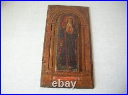 Ancienne icône religieuse bois sculpté peinture d'un Saint de 33,8 cm x 17,6 cm