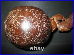 Ancienne louche en noix de coco sculpté manche phénix souvenir asie chine XX ème