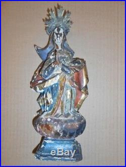 Ancienne petite statue en bois sculpté Vierge Marie polychromé auréole