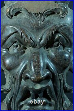 Ancienne sculpture bois sculpté portrait visage Faune Diable Satyre Noyer 19 ème