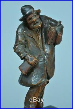 Ancienne sculpture statuette portrait d'ivrogne esprit Daumier bois sculpté 19e
