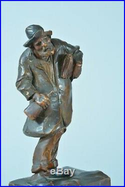 Ancienne sculpture statuette portrait d'ivrogne esprit Daumier bois sculpté 19e