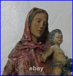 Ancienne statue Vierge à l'enfant bois sculpté Madone rouge