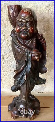 Ancienne statue bois sculpté chine époque a déterminer XVIIIe/XIXe, haut 42,5 cm