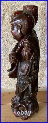 Ancienne statue bois sculpté chine époque a déterminer XVIIIe/XIXe, haut 42,5 cm