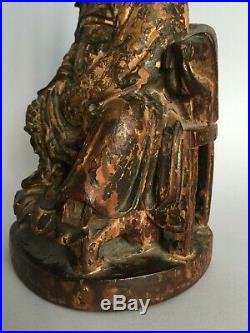 Ancienne statue dignitaire chinois en bois sculpté et laqué XVIII / XIXE