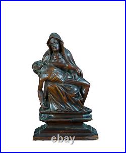 Ancienne statue religieuse Piéta Gothique Vierge de pitié bois sculpté Nord 16e