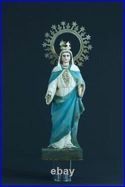 Ancienne statue religieuse Vierge Marie couronne yeux sulfure bois sculpté 18ème