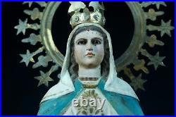 Ancienne statue religieuse Vierge Marie couronne yeux sulfure bois sculpté 18ème