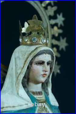 Ancienne statue religieuse Vierge Marie couronne yeux sulfure bois sculpté 18ème