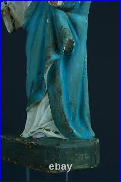 Ancienne statue religieuse Vierge Marie couronne yeux sulfure bois sculpté 18ème