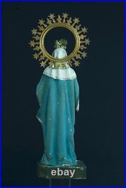 Ancienne statue religieuse Vierge Marie couronne yeux sulfure bois sculpté 18ème