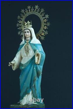 Ancienne statue religieuse Vierge Marie couronne yeux sulfure bois sculpté 18ème