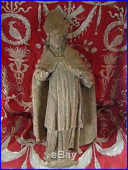 Ancienne statue religieuse eveque saint epoque XVII-XVIIIe bois sculpté