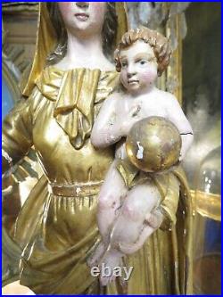 Ancienne vierge marie couronnée a l enfant en bois doré sculpté epok fin XIXe