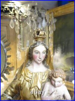 Ancienne vierge marie couronnée a l enfant en bois doré sculpté epok fin XIXe