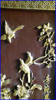 Anciens tableaux décoratifs bois sculptés et laqué avec laque de Chine doré