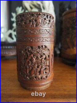 Authentique Ancien Pot Bambou Sculpté Chinois Carved Bamboo Brush Pot Old China