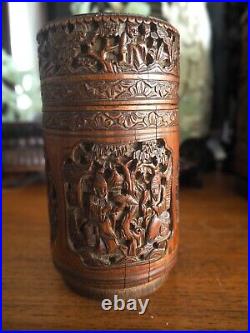 Authentique Ancien Pot Bambou Sculpté Chinois Carved Bamboo Brush Pot Old China