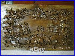 BAS RELIEF PANNEAU en BOIS SCULPTE ANCIEN ASIE CHINE INDOCHINE 50 cm x 29 cm BE