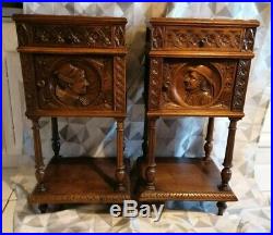 BELLE paire D'Anciennes Tables DE CHEVET BRETONNE en bois sculpté et marbre