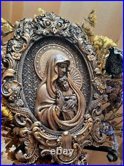 Bienheureuse Vierge Marie ICÔNE CATHOLIQUE SCULPTÉ EN BOIS Oeuvre d'art