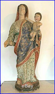 Bois sculpté polychrome Vierge a l'enfant Ancien bois sculpté XVIII siècle