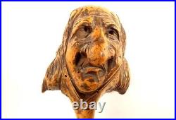 Canne ancienne Art Populaire bois sculpté têtes grotesques personnages XIXè