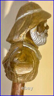 Canne ancienne bois pommeau sculpté d'une tête de marin pécheur art populaire