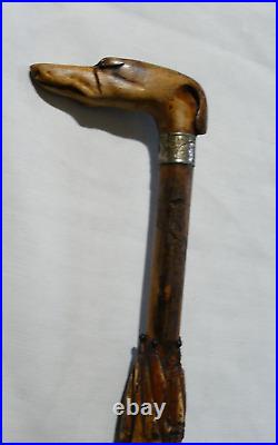 Canne ancienne imitation parapluie en liège poignée tète de chien sculptée
