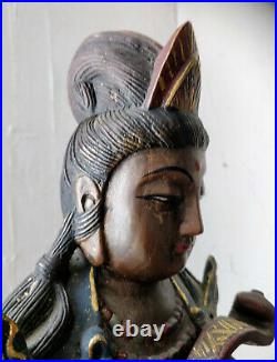 Chine Ancienne Guanyin Déesse De La Miséricorde Statue Bois Sculpté Polychrome
