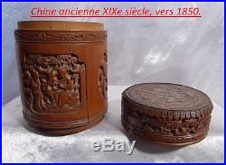 Chine Ancienne Impériale vers1850 Pot Couvert en Bambou sculpté de Divinités 19e