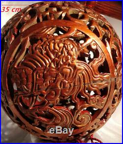 Chine Ancienne Indochine 1900 Très Grosse Boule Bois Sculpté Laqué Or Lanterne