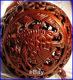 Chine Ancienne Indochine 1900 Très Grosse Boule Bois Sculpté Laqué Or Lanterne