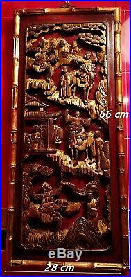 Chine Ancienne Qing XIXe Panneau Bois Sculpté Rouge & Or Concubines & Guerriers