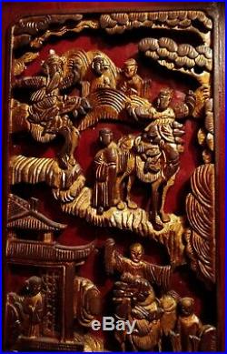 Chine Ancienne Qing XIXe Panneau Bois Sculpté Rouge & Or Concubines & Guerriers