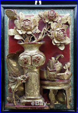Chine ancien tableau panneau bois sculpté doré chinois signé dragon asie