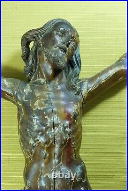 Christ en Croix ancien Amérique du Sud bois sculpté polychrome Cuir 67 cm 17 ème